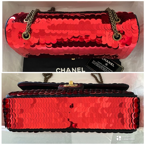 Chanel Medium Double Flap in Red Sequins, Black Satin and Aged Gold Hardware - Picture 11 of 17